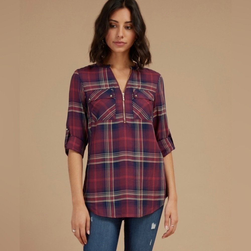 Kismet Burgundy Plaid Long Sleeve Henley Tunic